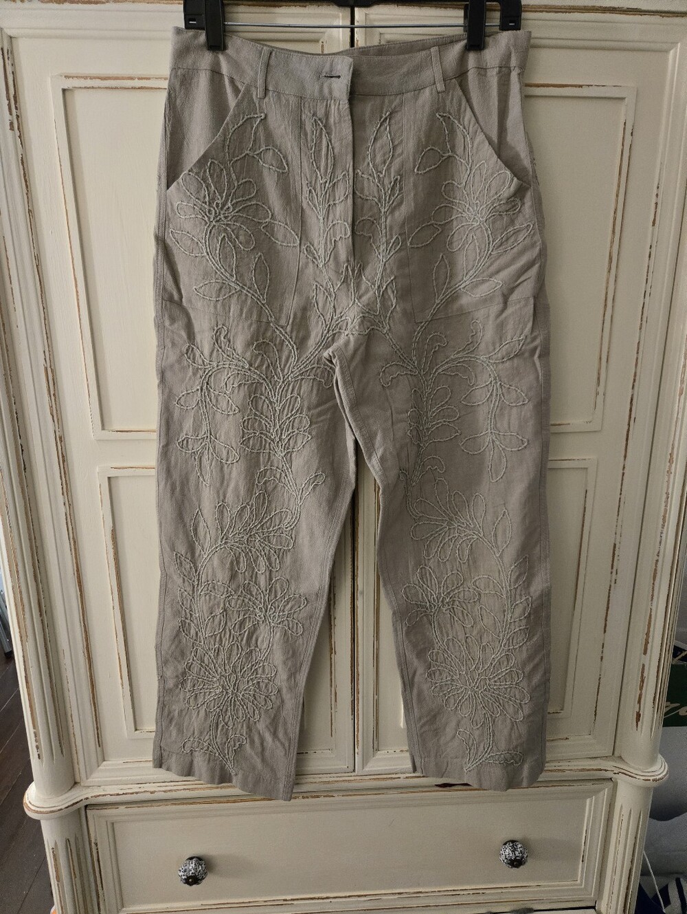 Zara Taupe Embroidered Linen-Blend Chinos